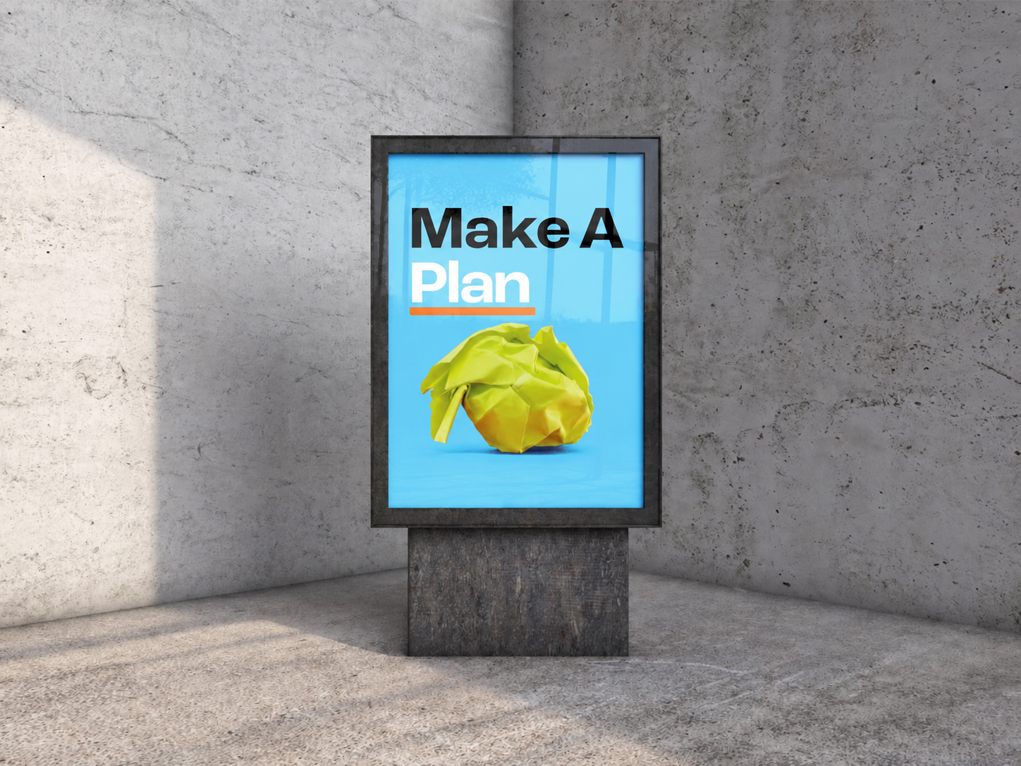 'Make A Plan' poster mockup on a blue background